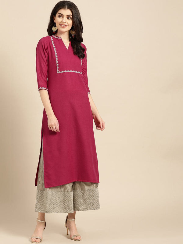 Women's Fuchsia Floral Zari Embroidered Straight Kurta - Varanga