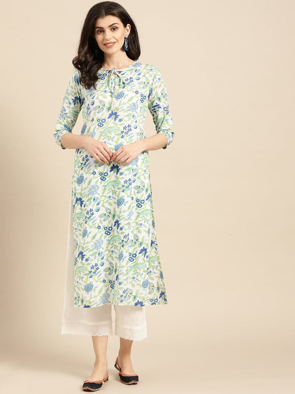 Women's White,Blue And Green Floral Printed Straight Kurta - Varanga