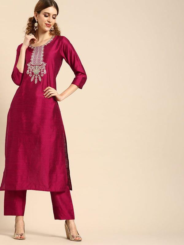 Women's Magenta Pink Embroidered Kurta with Trousers - Varanga