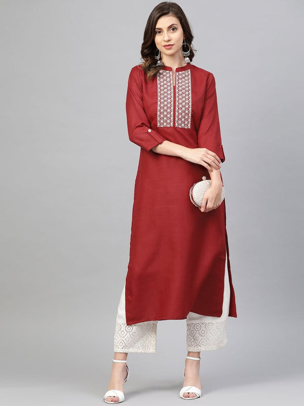 Women's Maroon & Off-White Yoke Design Straight Kurta - Varanga