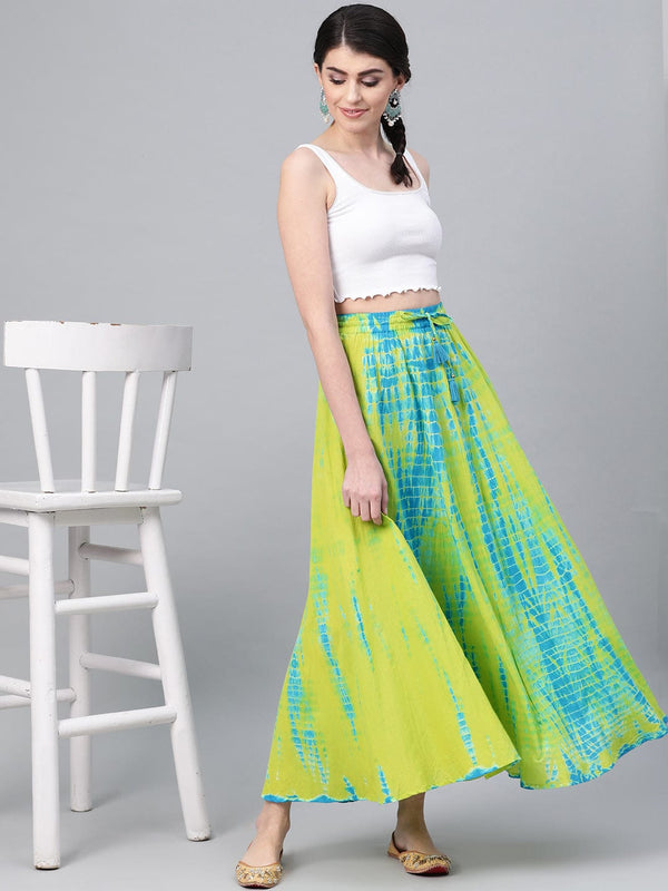 Women's Lime Green & Blue Dyed Flared Maxi Skirt - Varanga