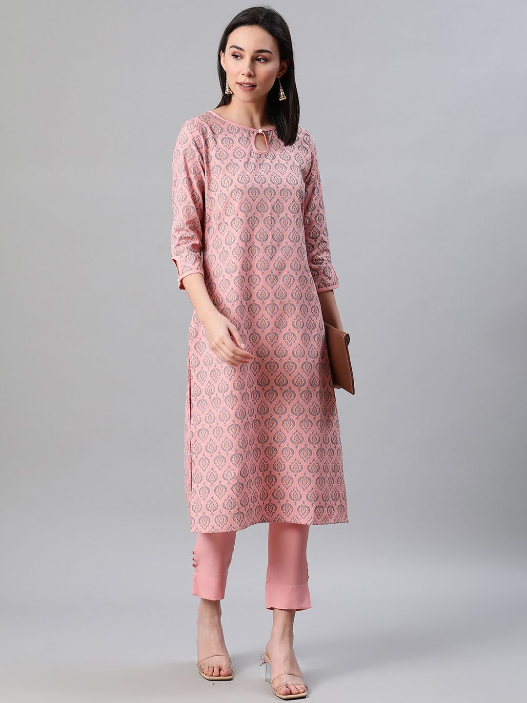 Women Peach Printed Kurta And Pant Set by Ziyaa (2 Pc Set)