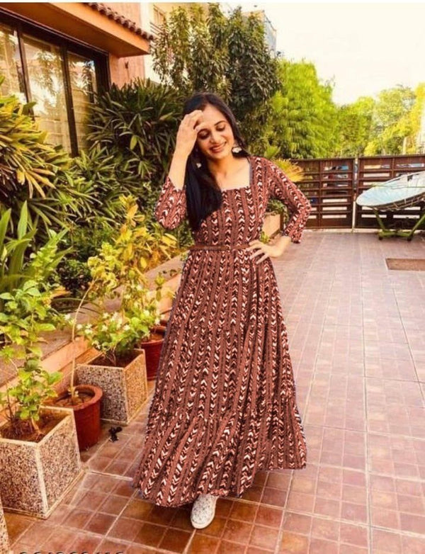 Women's Brown Heavy Georgette Print Work Gown - Dwija Fashion