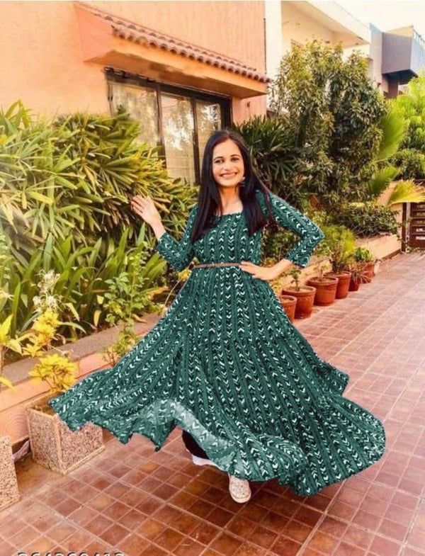 Women's Green Heavy Georgette Print Work Gown - Dwija Fashion