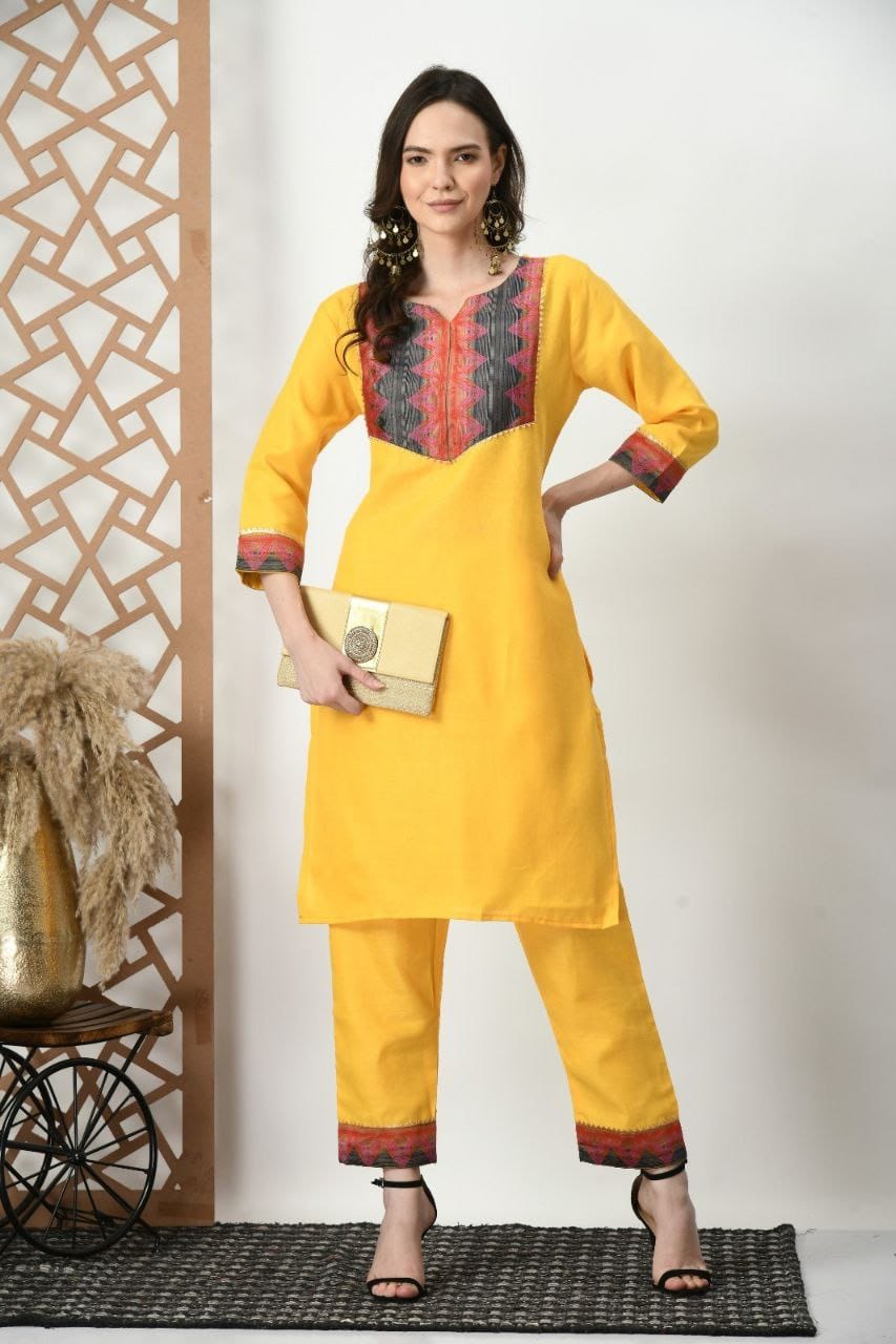 Women's Yellow Cotton Kurta With Pant - Dwija Fashion