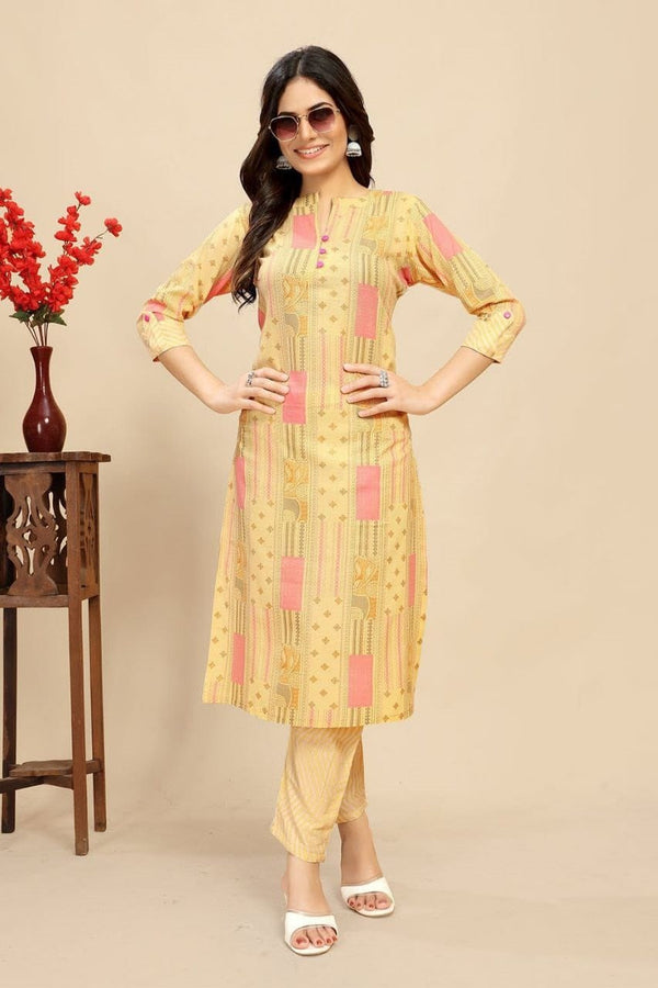 Women's Yellow Cotton Printed Kurti with Pant - Dwija Fashion