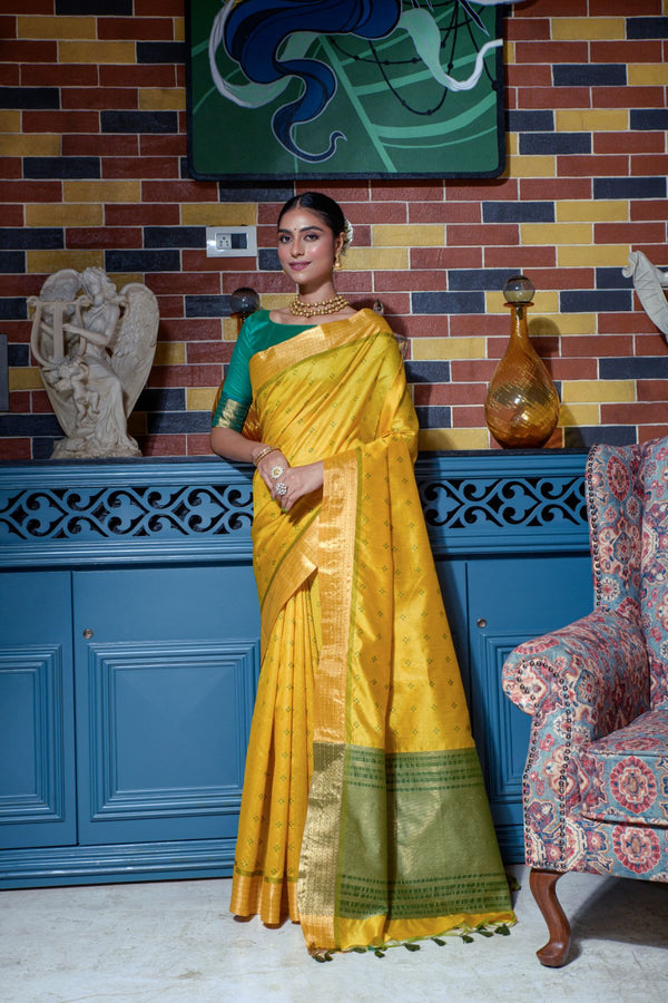 Women's Yellow Woven Paithani Silk Saree with Tassels - Vishnu Weaves