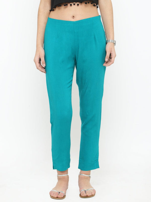 Women's Turquoise Blue Straight Fit Solid Regular Trousers - Varanga