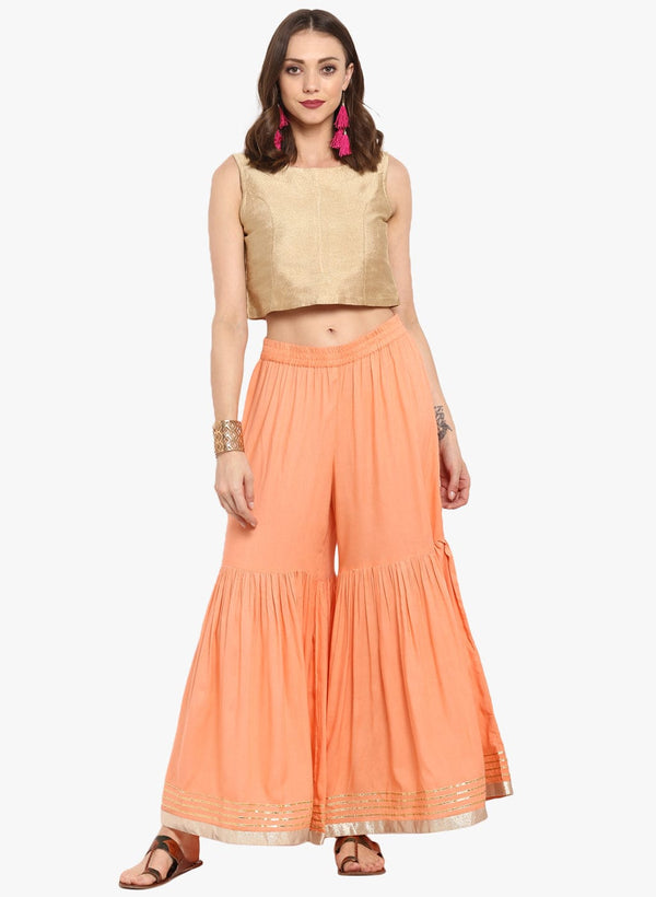 Women's Peach Solid Palazzo With Gota Border - Varanga