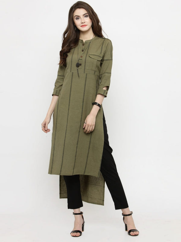 Women's Olive Green Striped Straight Kurta - Varanga