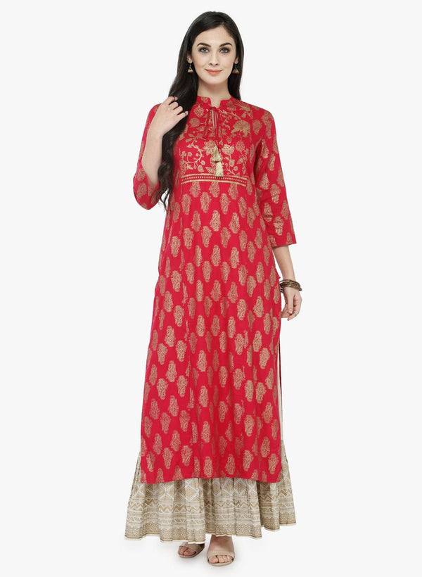 Women's Pink & Beige Printed Kurta with Skirt - Varanga