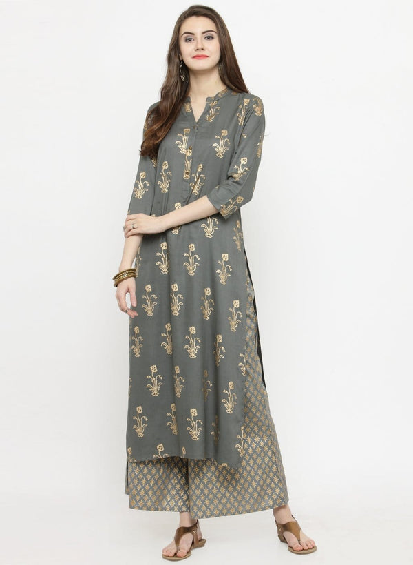 Women's Grey & Gold-Toned Printed Straight Kurta - Varanga