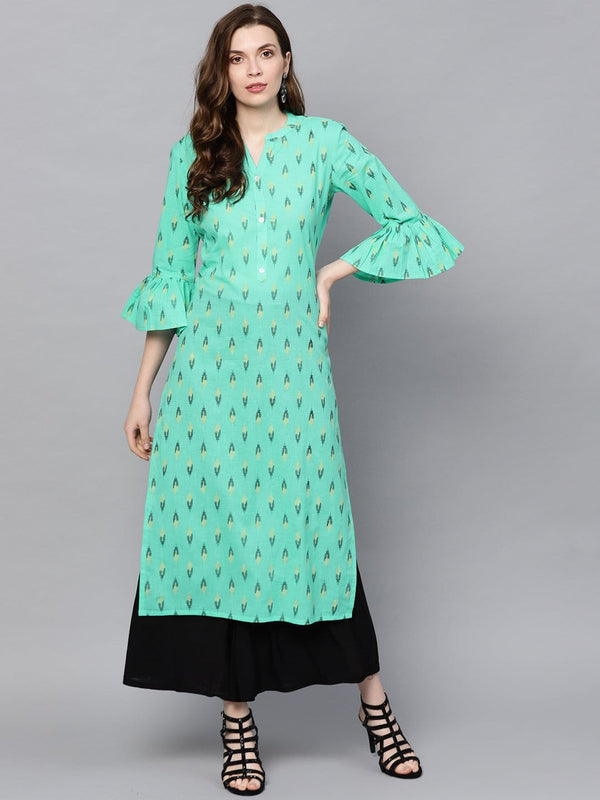 Women's Sea Green & Black Printed Straight Kurta - Varanga