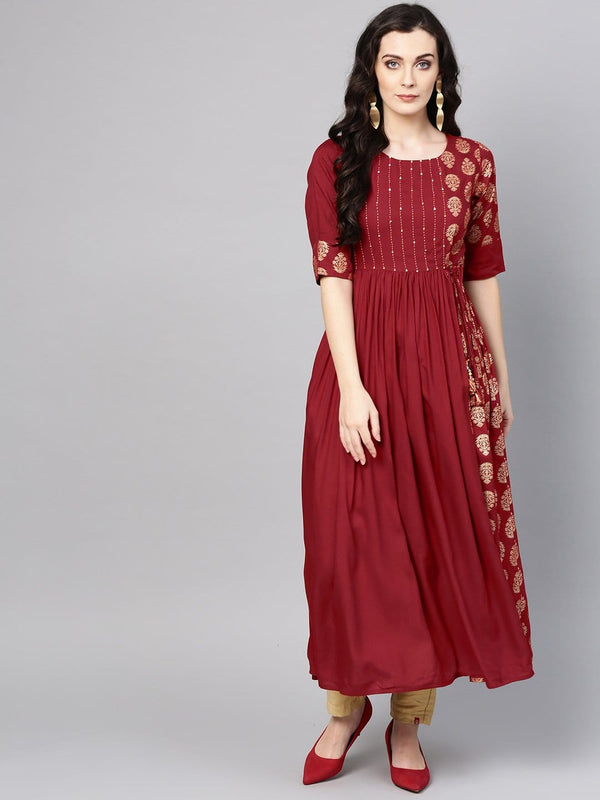 Women's Maroon & Golden Printed Anarkali Kurta - Varanga