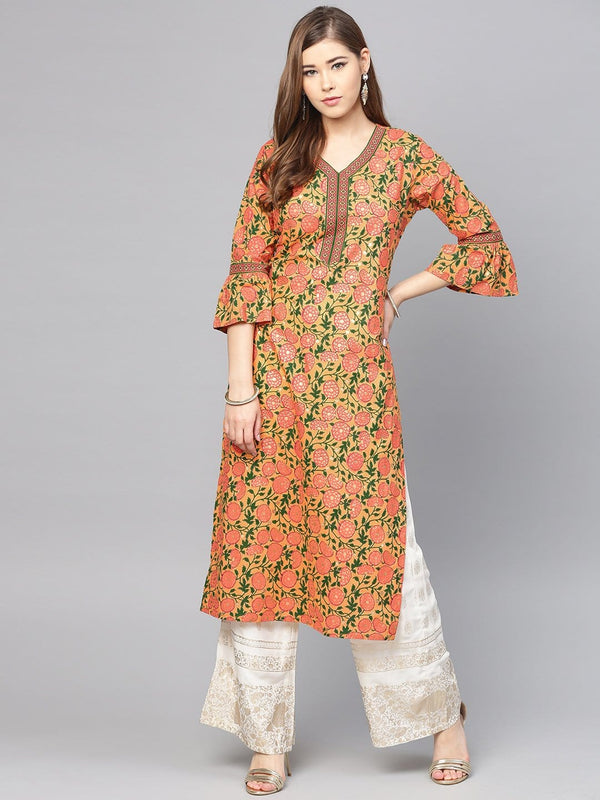 Women's Peach-Coloured & Pink Printed Straight Kurta - Varanga