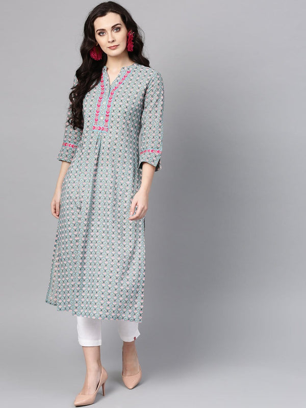 Women's Sea Green & Off-White Printed Straight Kurta - Varanga