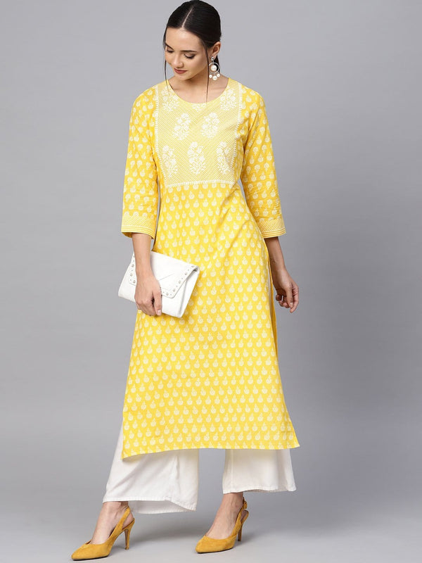 Women's Yellow & White Printed Straight Kurta - Varanga