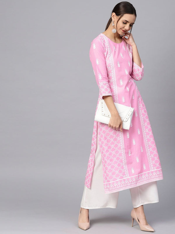 Women's Pink & White Printed Straight Kurta - Varanga