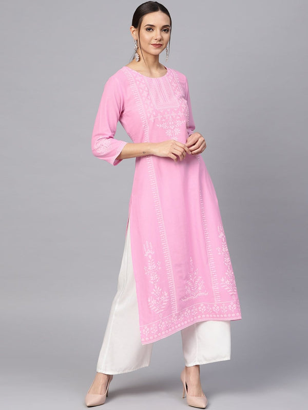 Women's Pink Printed A-Line Kurta - Varanga