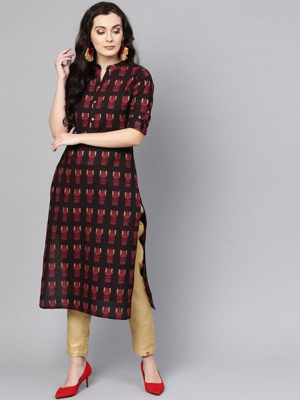 Women's Black & Maroon Printed Straight Kurta - Varanga