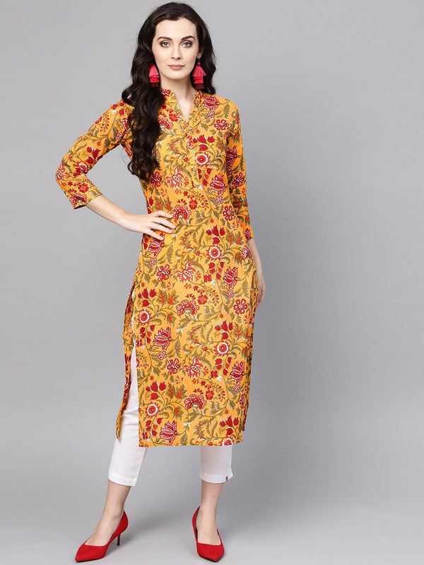 Women's Mustard Yellow & Red Printed Straight Kurta - Varanga