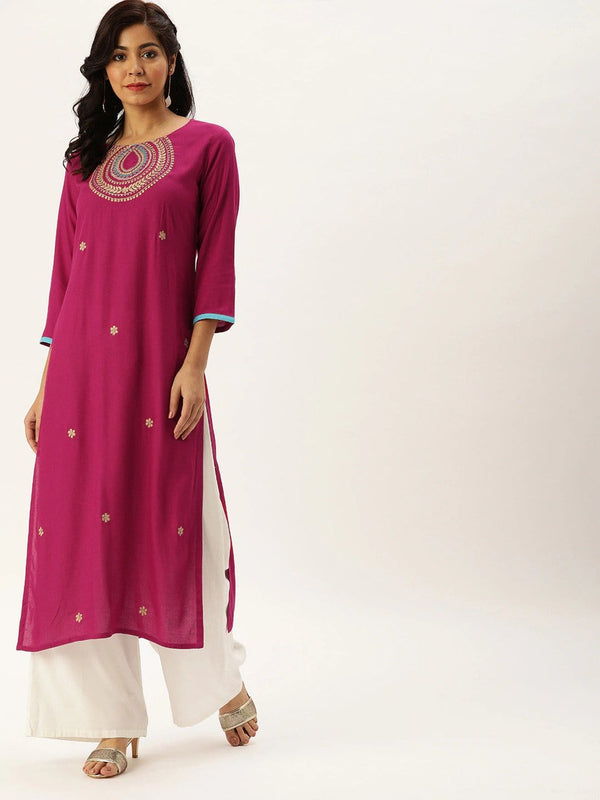 Women's Magenta Pink Yoke Design Straight Kurta - Varanga