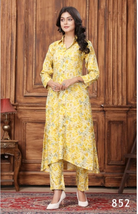 Women's Yellow Premium Riyon Flower Printed Co-ord Set - Dwija Fashion