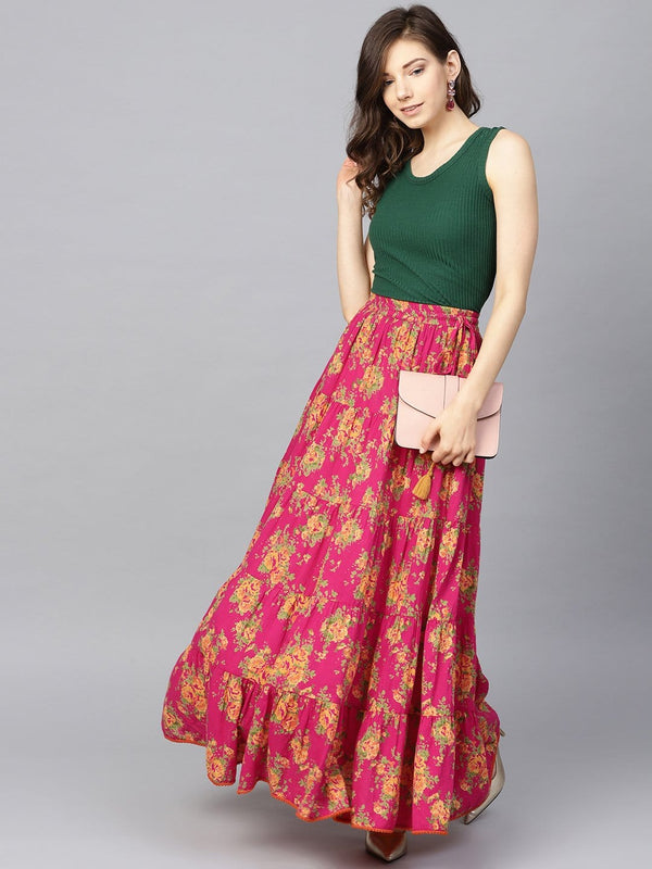 Women's Fushcia Floral Printed Tiered Skirt - Varanga