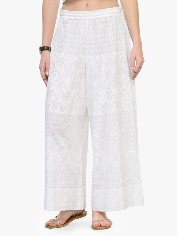 Women's White Straight Printed Palazzos - Varanga