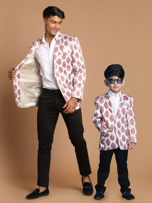 Jashvi Cream Base Multi-Color Printed Baap Beta Blazer Set