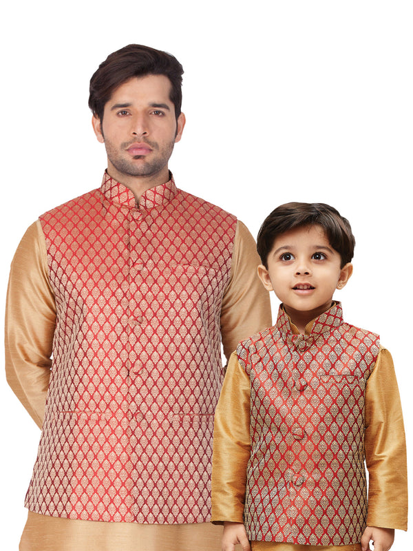 Jashvi Silk Blend Maroon and Gold Baap Beta Ethnic Jacket