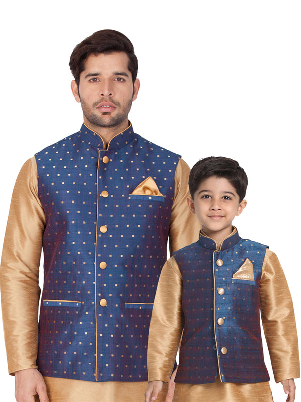 Jashvi Silk Blend Blue and Rose Gold Baap Beta Ethnic Jacket