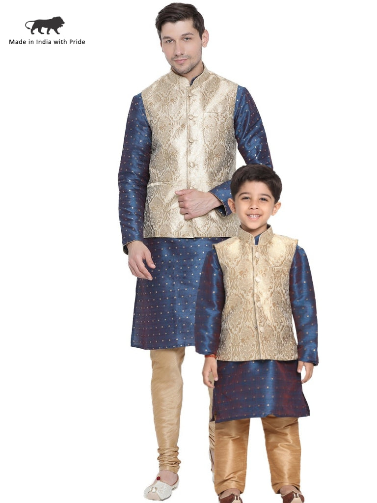 Jashvi Men &amp; Boys Royal Blue Cotton Silk Jacket Kutra Pyjama Set