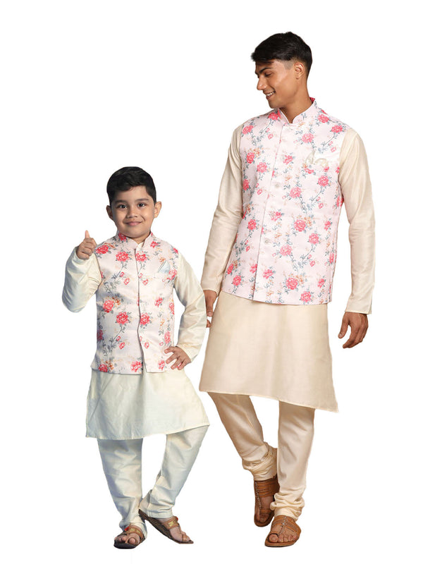 Jashvi Peach Digital Print Nehru Jacket With Cream Kurta Pyjama Baap Beta Set