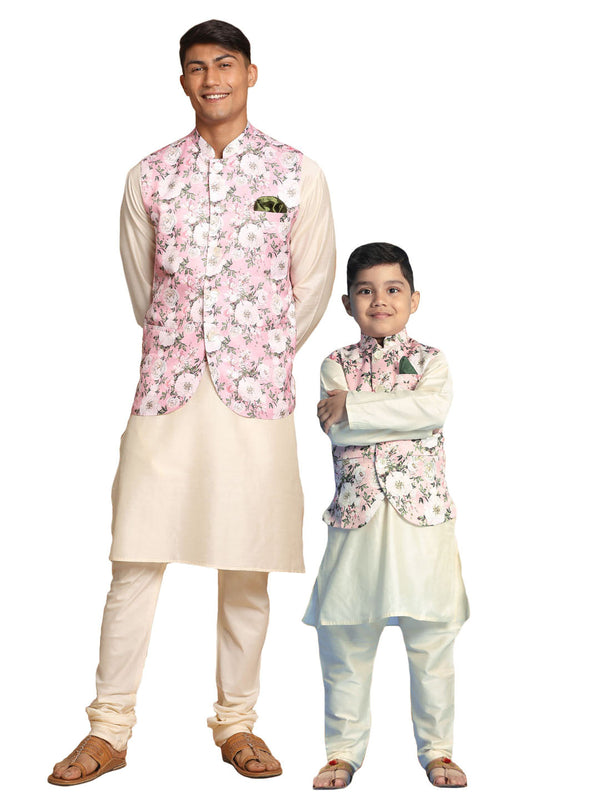 Jashvi Pink Digital Floral Printed Royal Angrakha Nehru Jacket With Cream Kurta Pyjama Baap Beta Set