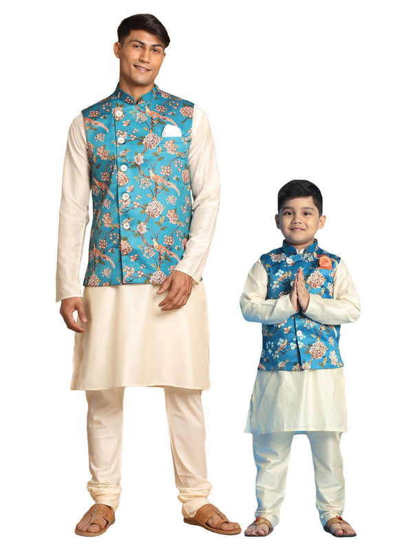 Jashvi Turquoise Digital Printed Royal Angrakha Nehru Jacket With Cream Kurta Pyjama Baap Beta Set