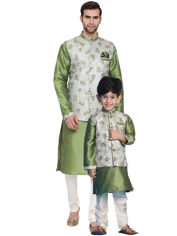 Jashvi Baap Beta Silk Blend Green Jacket With Kurta Pyjama Set