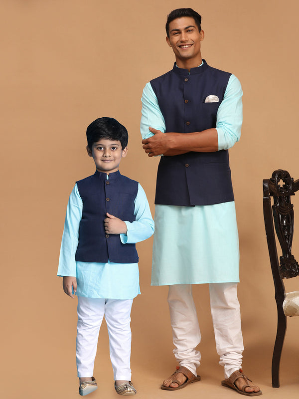 Jashvi Navy Blue Silk Blend Jacket With Aqua Blue Kurta And White Pyjama Baap Beta Set