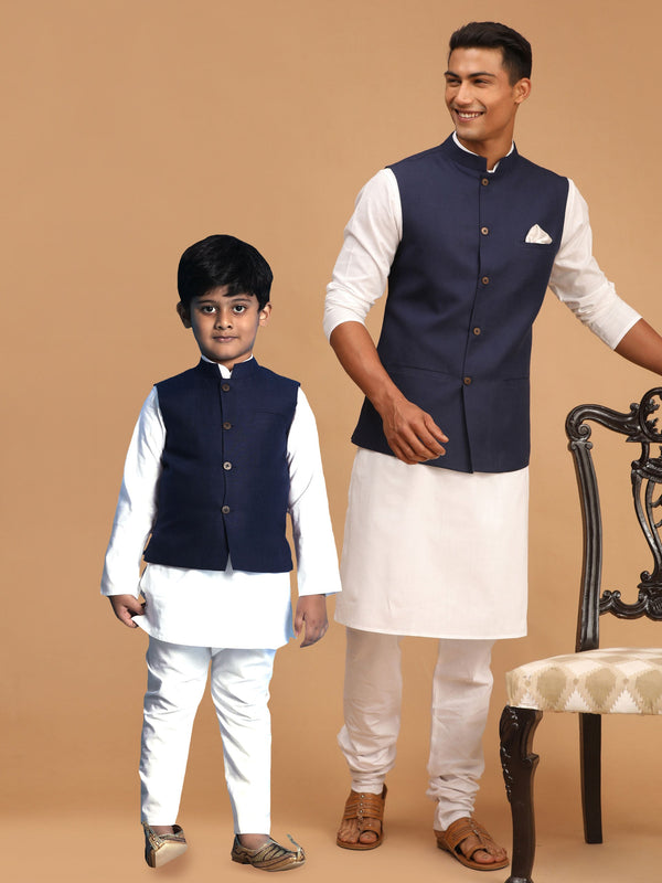 Jashvi Navy Blue Silk Blend Jacket With White Kurta Pyjama Baap Beta Set