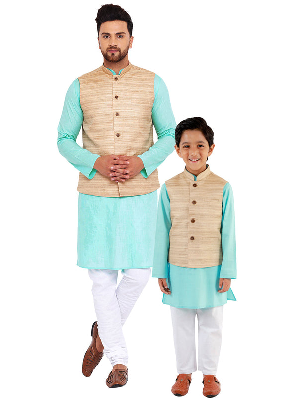 Jashvi Beige, Turquoise And White Baap Beta Nehru Jacket Kurta Pyjama set