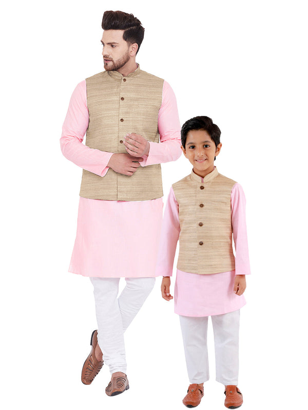 Jashvi Beige, Pink And White Baap Beta Nehru Jacket Kurta Pyjama set