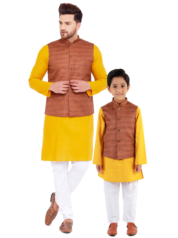 Jashvi Brown, Mustard And White Baap Beta Nehru Jacket Kurta Pyjama set