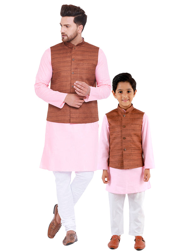 Jashvi Brown, Pink And White Baap Beta Nehru Jacket Kurta Pyjama set