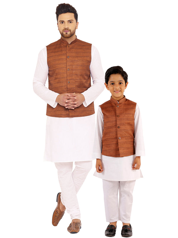 Jashvi Brown Color Nehru Jacket And White Kurta Pyjama Baap Beta Set