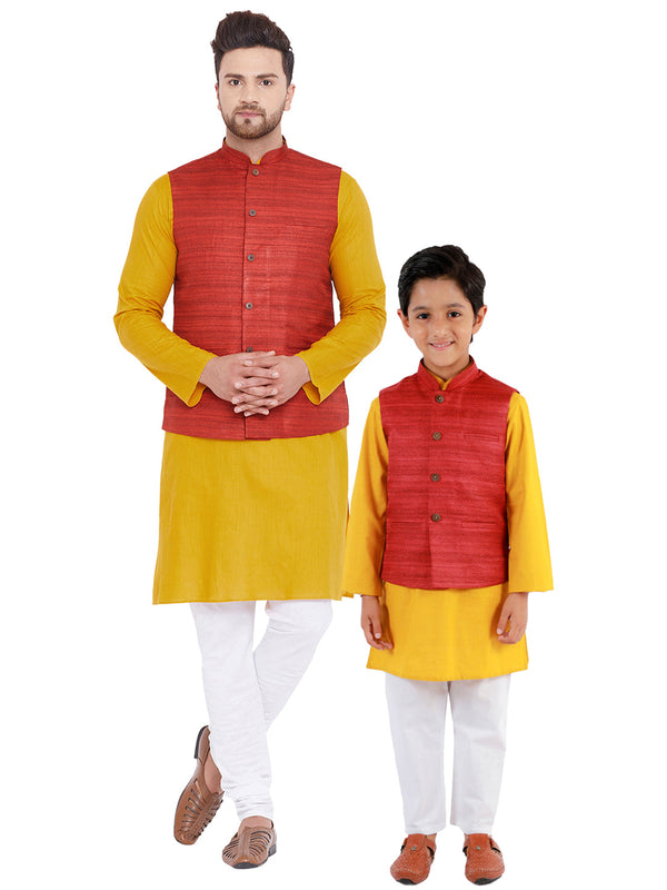 Jashvi Maroon, Mustard And White Baap Beta Nehru Jacket Kurta Pyjama set