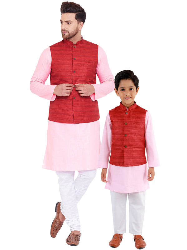 Jashvi Maroon, Pink And White Baap Beta Nehru Jacket Kurta Pyjama set