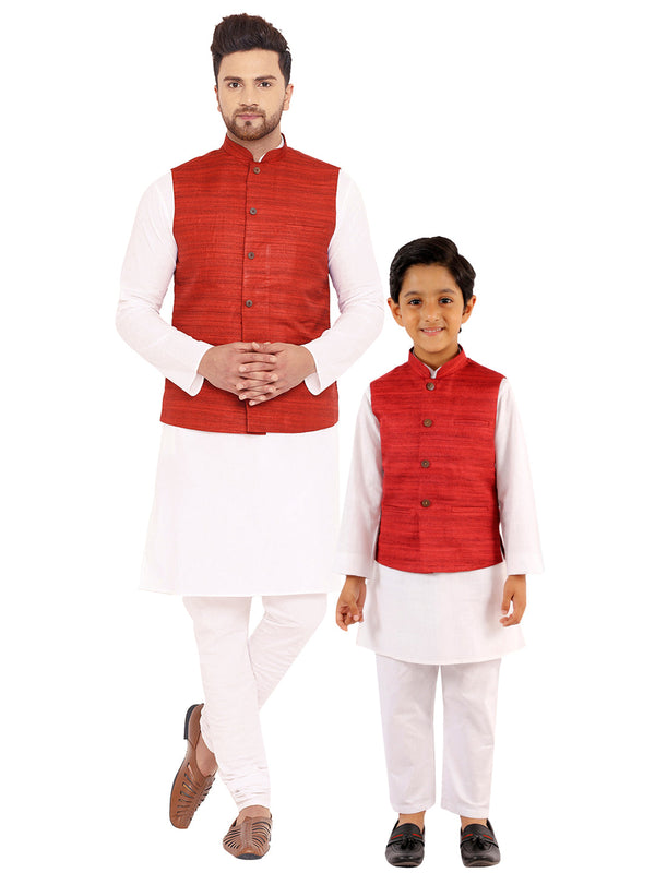 Jashvi Maroon Nehru Jacket And White Kurta Pyjama Baap Beta Set