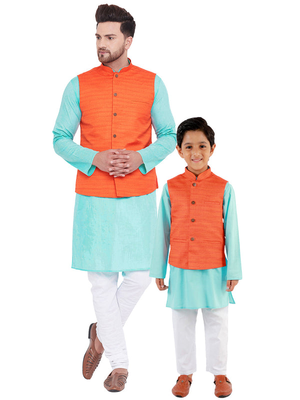 Jashvi Orange And Turquoise Color White Baap Beta Nehru Jacket Kurta Pyjama set