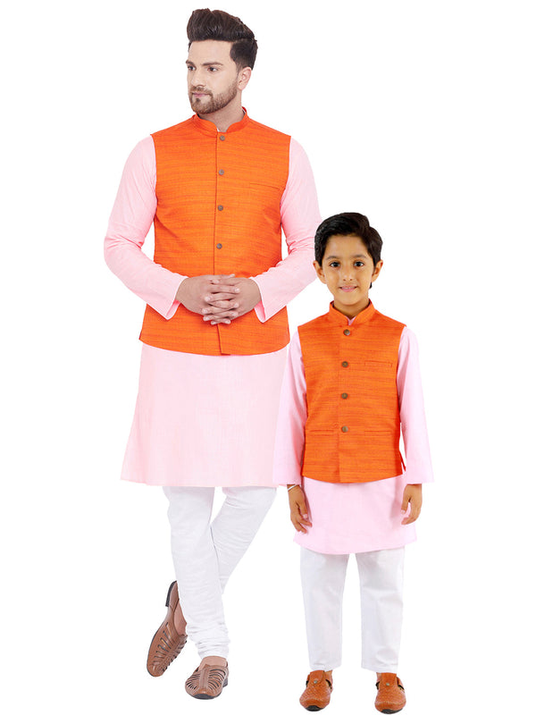 Jashvi Orange, Pink And White Baap Beta Nehru Jacket Kurta Pyjama set