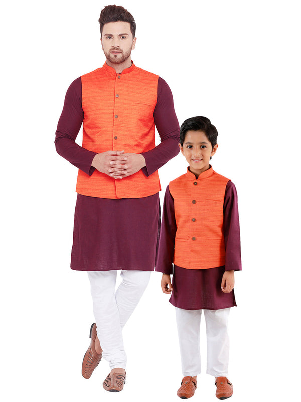 Jashvi Orange, Purple And White Baap Beta Nehru Jacket Kurta Pyjama set